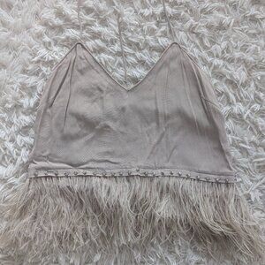 Saylor Feather-Hem Tank — Tan, Rhinestone Waist, Spaghetti Strap (XS)